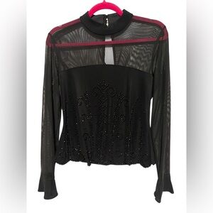 Black Sheer Women’s Mesh Long Sleeve with High Neckline Beaded Top